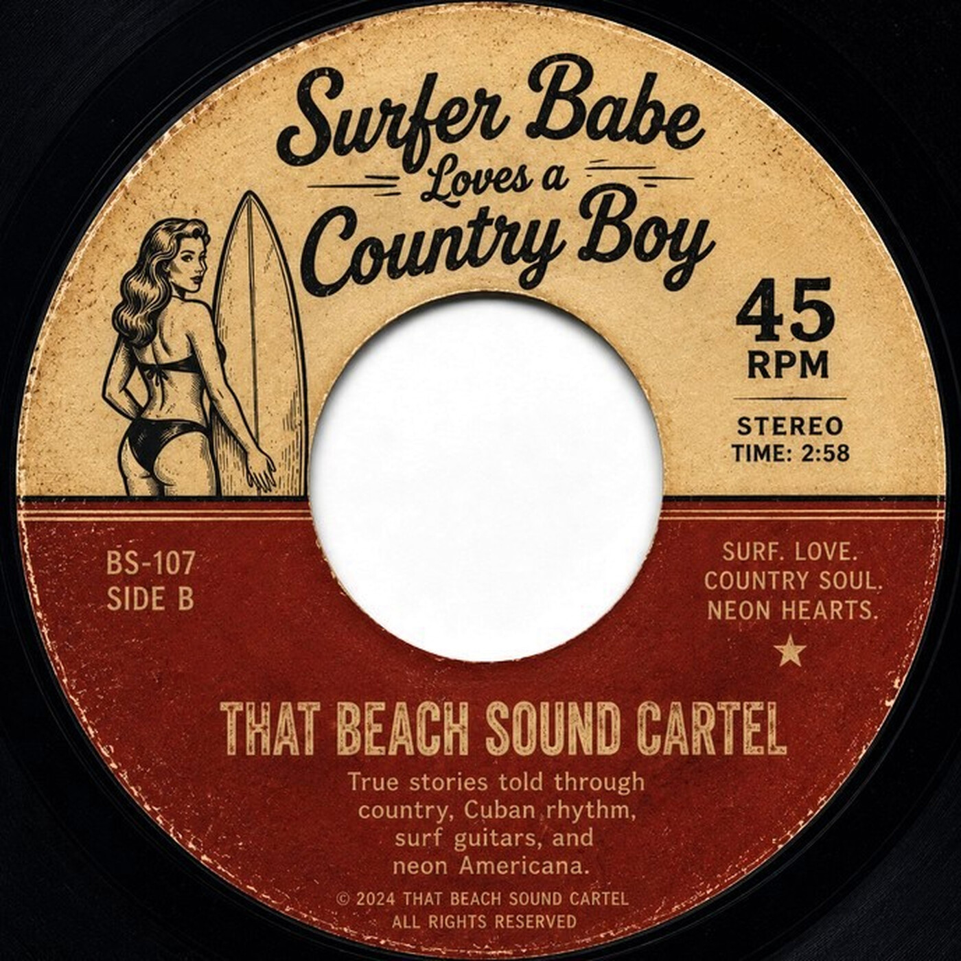 Surfer Babe Loves a Country Boy 45 artwork by That Beach Sound Cartel